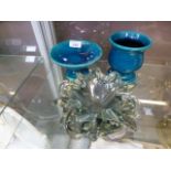 A 1960s blue glass pot together with two ceramic bowls/vases