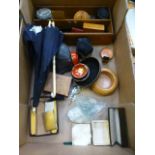 A tray of assorted boxes, brushes, beads, folding parasol etc.