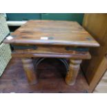 An eastern hard wood and metalwork square topped occasional table