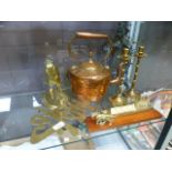 A selection of brass and copper ware to include kettle candlesticks, mirror, horse etc.