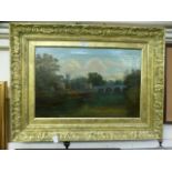 An ornate gilt framed oil on canvas of river by town scene,