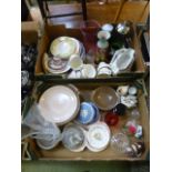 Two trays of ceramic and glassware to include Poole pottery, pink glassware etc.