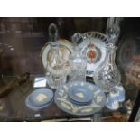 Three cut glass decanters together with an assortment of blue and white jasperware etc.