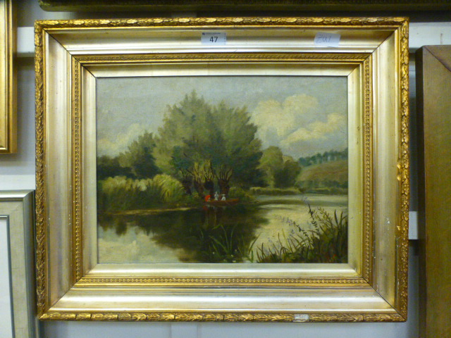 A gilt framed oil on canvas of boating scene