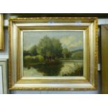 A gilt framed oil on canvas of boating scene