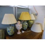 Three yellow and blue glazed Chinese style table lamps along with one other