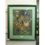 A framed and glazed pastel of fox cubs titled 'Its a strange new world out there'