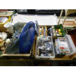 Three trays of assorted fishing equipment to include floats, hooks, nets, waders etc.