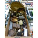 A tray of assorted items to include trays, candle sticks, cowbells etc.
