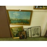 A selection of framed prints to include Venice, Vermeer, building interiors etc.