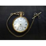 A gold plated Waltham pocket watch with a white metal albert chain