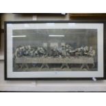 A framed and glazed monochrome print of the last supper featuring Jesus
