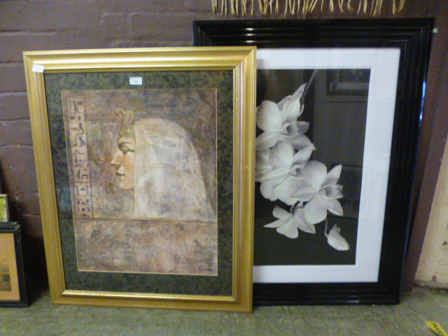 A framed and glazed Egyptian print along with a framed and glazed monochrome of daffodils