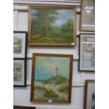 Two oak framed oil on boards, woodland and lighthouse,