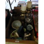A tray containing blue and white jasper ware, modern candlesticks etc.