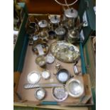 A tray of assorted plated items to include pepper pots, coffee pots, wine coasters etc.