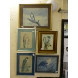 A framed and glazed watercolour of bird of prey along with four prints of bird of prey