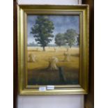 A gilt framed oil on canvas of harvest scene,