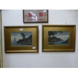 A pair of framed and glazed Japanese prints on fabric