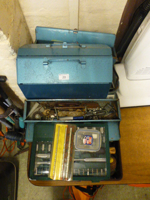 Two cantilever toolboxes with contents along with socket set etc.