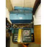 Two cantilever toolboxes with contents along with socket set etc.