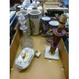 A tray containing two floral decorated vases, table lamp, decanter etc.