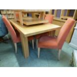 A modern sycamore rectangular dinning table having a glass inset to centre together with a set of