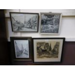 Four framed and glazed monochrome etchings and prints of buildings etc.