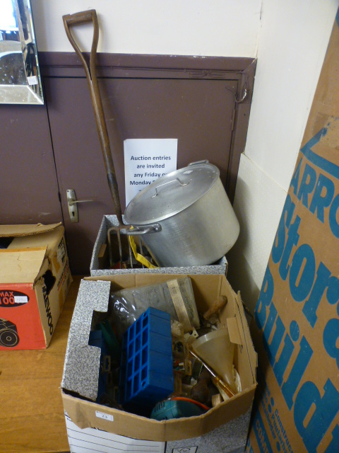 Two boxes containing a quantity of tools, fittings etc.