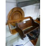 An early 20th century oak desktop bookshelf together with one other and a circular carved plate