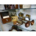 A selection of assorted brass, copper and other items to include clocks, horns,