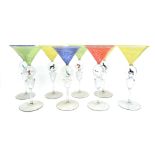 A set of eight Bimini glasses having coloured swirl bowls and animals inside the knopped stems, h.