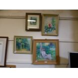 Three framed oils on boards of young children in garden together with one other framed and glazed