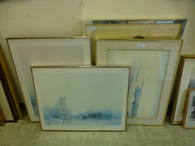 Four framed and glazed prints on country side scenes and a clown