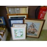 A selection of framed and glazed watercolours, needlework of a galleon, photograph of a tiger etc.