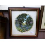 A framed and glazed embroidery titled blue bell woods at Kew by Jean Wilson