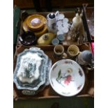 Two trays of ceramic ware to include Portmeirion bowl, German stein, tureen etc.