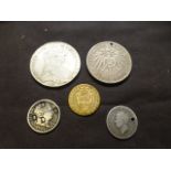 A small selection of coins to include a Maria Theresa thaler, German funf marks coins (holed),