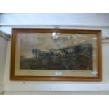 A framed and glazed print of horses ploughing