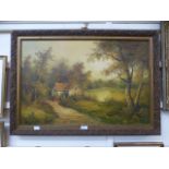 A gilt framed oil on canvas of cottage by lake scene,