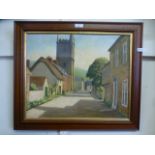 A framed oil on canvas of village street scene, signed R.