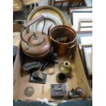 A tray of metalware to include a copper kettle, trays, scales, binoculars etc.