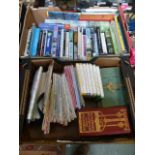 Two trays containing OS maps, household management book, walking and tourist books etc.