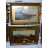 A pair of framed and glazed oil paintings of lake and mountain scenes