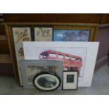 A selection of assorted framed and mounted prints and embroideries to include a bus covered in