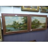 A pair of framed oil on canvas' of cattle in lake scenes,