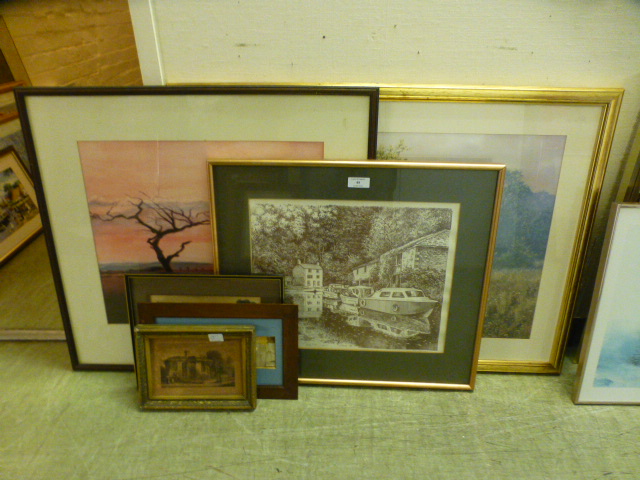 Six framed and glazed prints to include country side, canal scene etc.