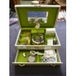 A jewellery box containing an assortment of costume jewellery, watches, coinage etc.