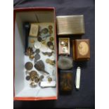 A carton containing an assortment of buttons, coinage, boxes etc.