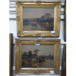 A pair of gilt framed oil on canvas' of cattle,